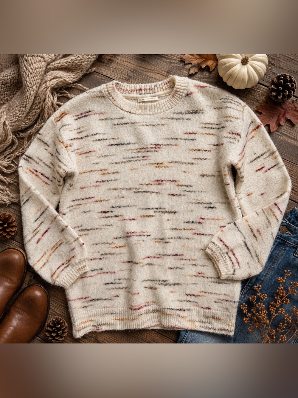 Anthropologie Ivory Multicolor Dash Knit Crewneck Sweater XS